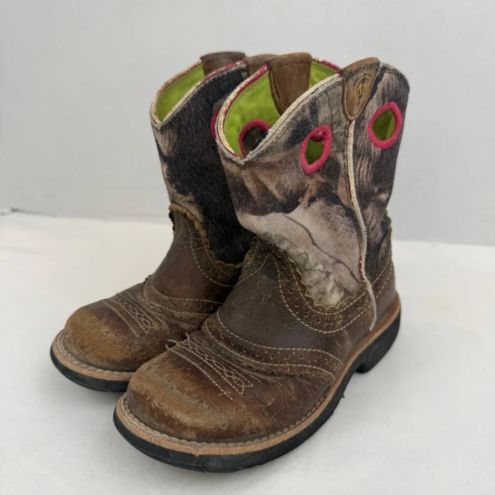 Ariat Kids Fatbaby Camo Western Boots Brown Leather Pink Trim Size 11.5